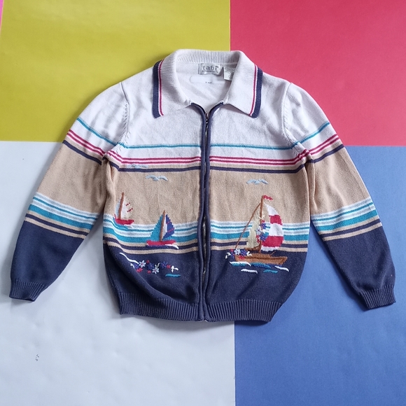 Vintage Sweaters - Vintage Women’s Tabi Sailboat Seascape Sweater